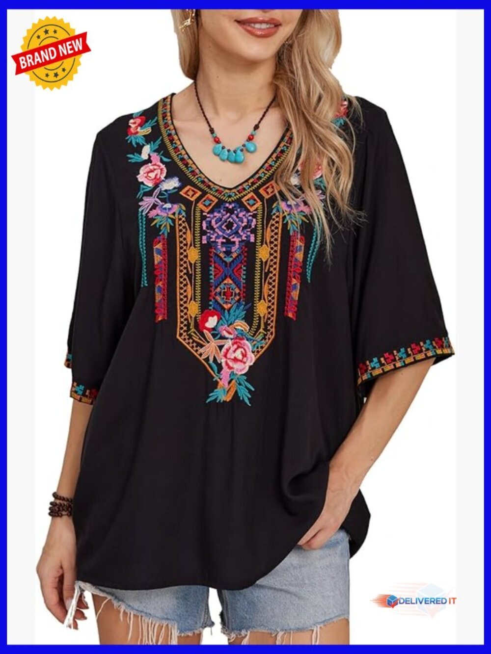Plus Size Mexican Embroidered Peasant Blouse, Loose Fit Bohemian Short Sleeve